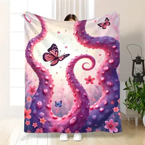 Luxurious Soft Glow Throw Blanket |   Pastel Purple Pink Golden And Green - Lightweight 280Gsm Flannel-Like Texture - All-Season Indoor/Outdoor Couch Bed Patio Or Party Decor - Elegant Floral Butterfly & Tentacle Design With Sparkling Stars - Polyeste