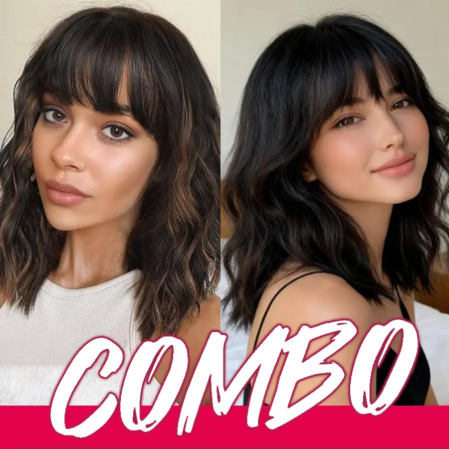 [Buy 1 Get 1 Free] SynthHalo Wig Synthetic Hair with Bangs for Women 14 Inch Short Bob Wavy Curly Wig Heat Resistant