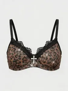Women's Leopard Lace Patchwork Underwear, Vintage Gothic Style, Cross Detail, Sexy Goddess Date, Medium Support, Unlined Bikini