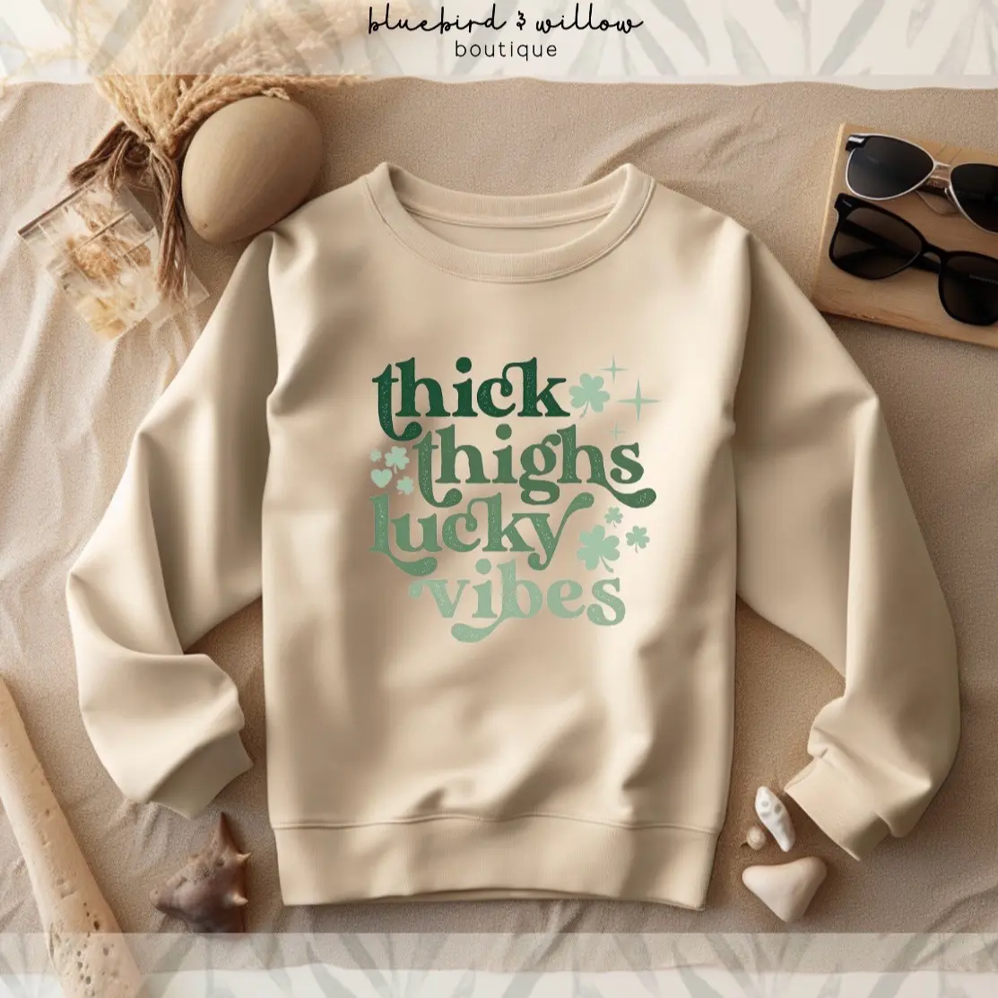 Thick Thighs Lucky Vibes - St. Patrick’s Day Sweater Sweatshirt - fun festive crewneck for the holiday - decorated with green and shamrocks