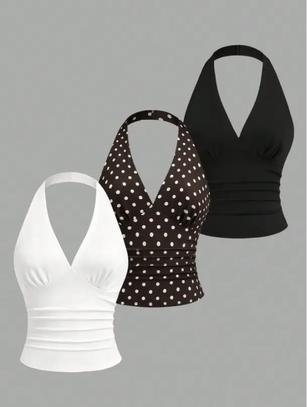 CROWNS Women's Ruched Fitted Halter Neck Top, Versatile For Daily Wear And Outings
