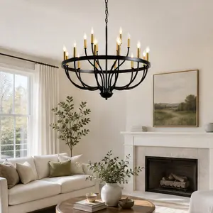 ARCH 18-Light Gold Black Iron Candle Chandelier Modern Farmhouse Pendant Light Fixture Adjustable Height for Dining Room Kitchen Island Living Room Bedroom Foyer, E12 Bulbs Not Included, 31.5 Inch Wide, Gold+Black Color Options, Metal Material