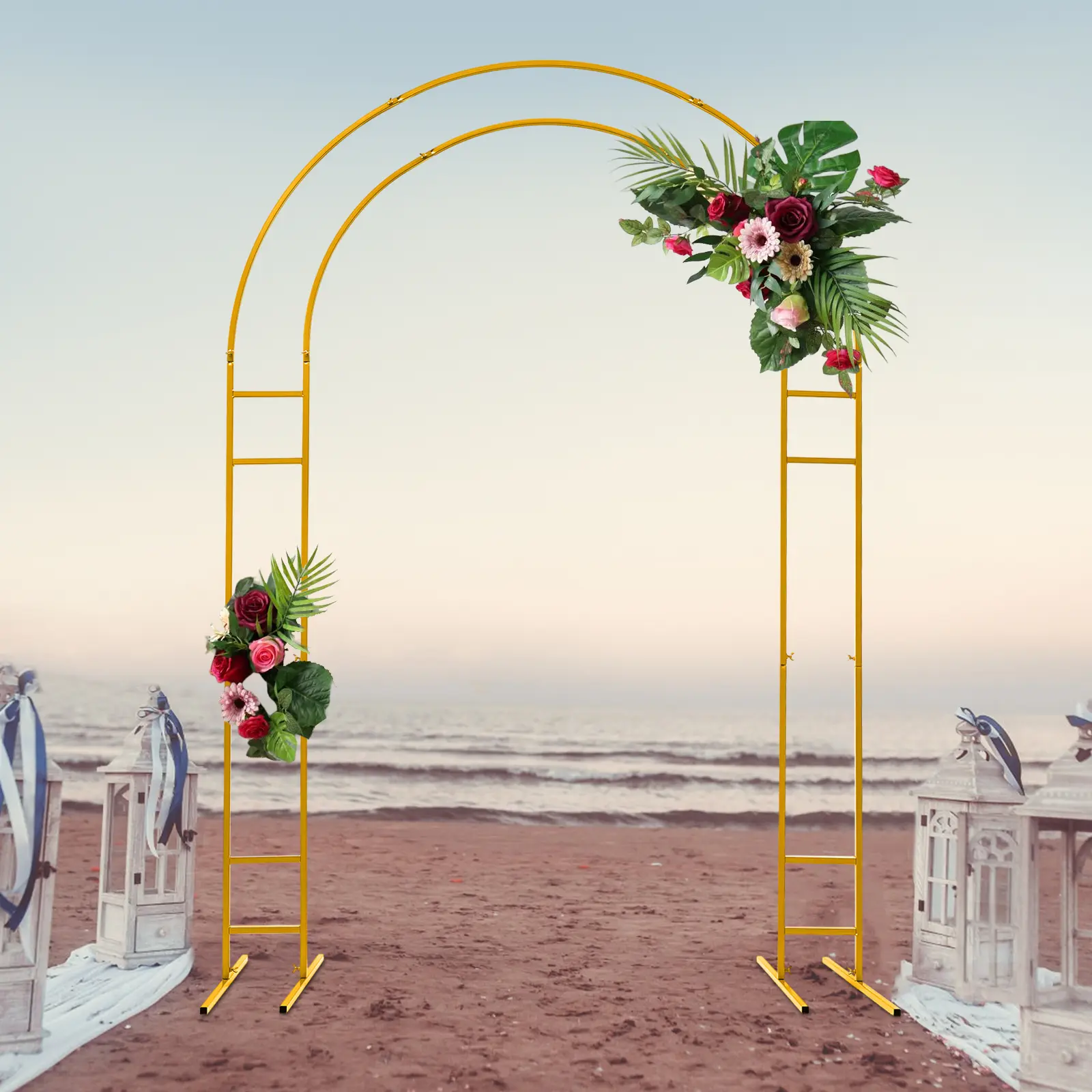 CNCEST 7.2ft Heavy-Duty Metal Wedding Arch Stand, Golden Round Backdrop with Base, Assembly Hardware, 22lb Capacity, for Garden, Party Decoration Supplies