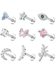 9Pcs 16G/18G Cartilage Tragus Stud Earrings for Women Men Internally Threaded CZ Heart Leaf Helix Conch Labret Monroe Flat Back Earrings Piercing Jewelry