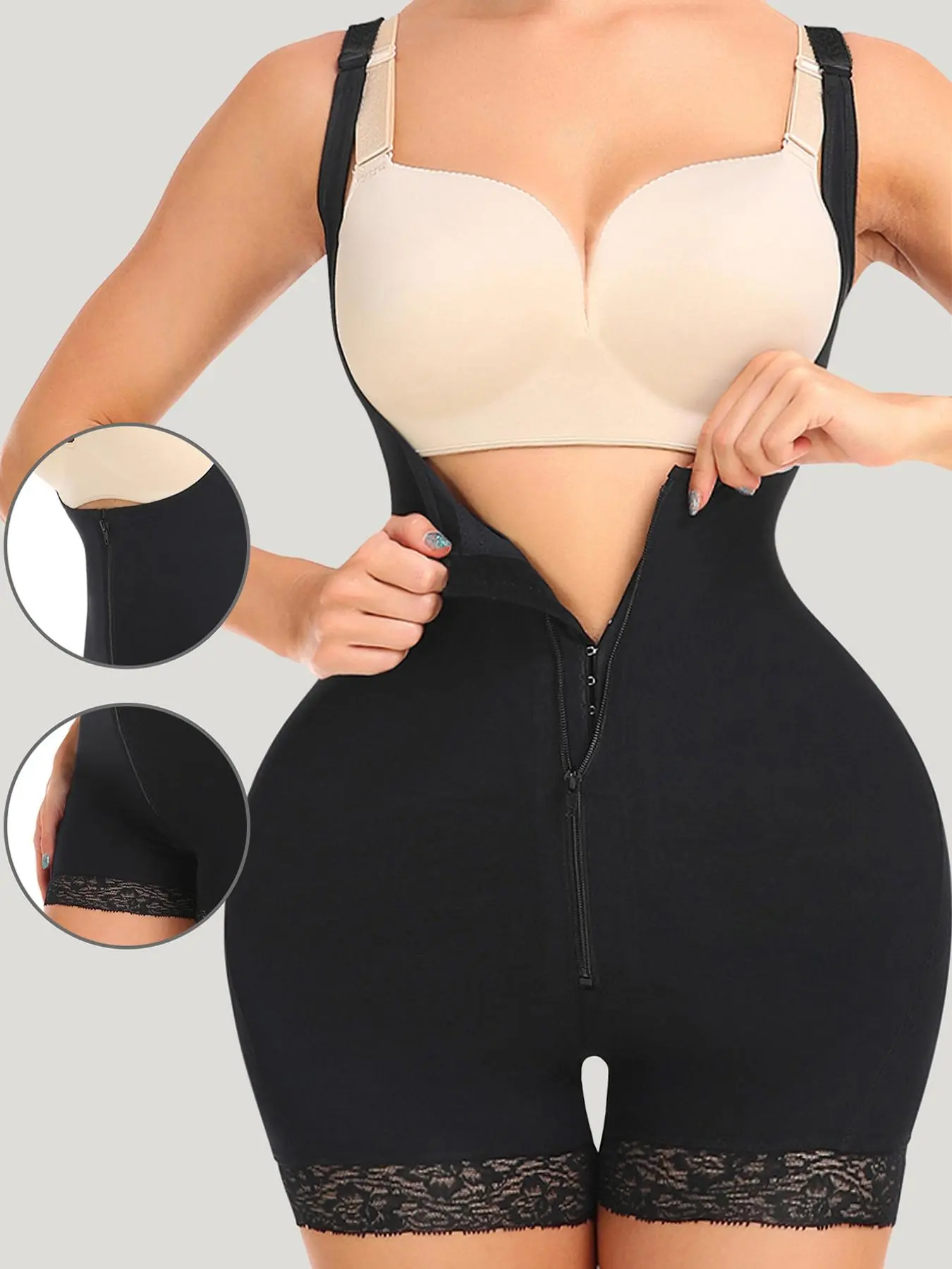Women's Solid Contrast Lace Zipper Sleeveless Seamless Smooth Shapewear Clothing, Curvy Fit Tummy Control Faja Invisible Shapewear Romper, Sculpting Bodysuit, Thigh Slimmer Shorts, Womenswear, Shaper, Underwear, Casual