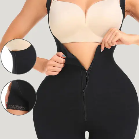Women's Solid Contrast Lace Zipper Sleeveless Seamless Smooth Shapewear Clothing, Curvy Fit Tummy Control Faja Invisible Shapewear Romper, Sculpting Bodysuit, Thigh Slimmer Shorts, Womenswear, Shaper, Underwear, Casual