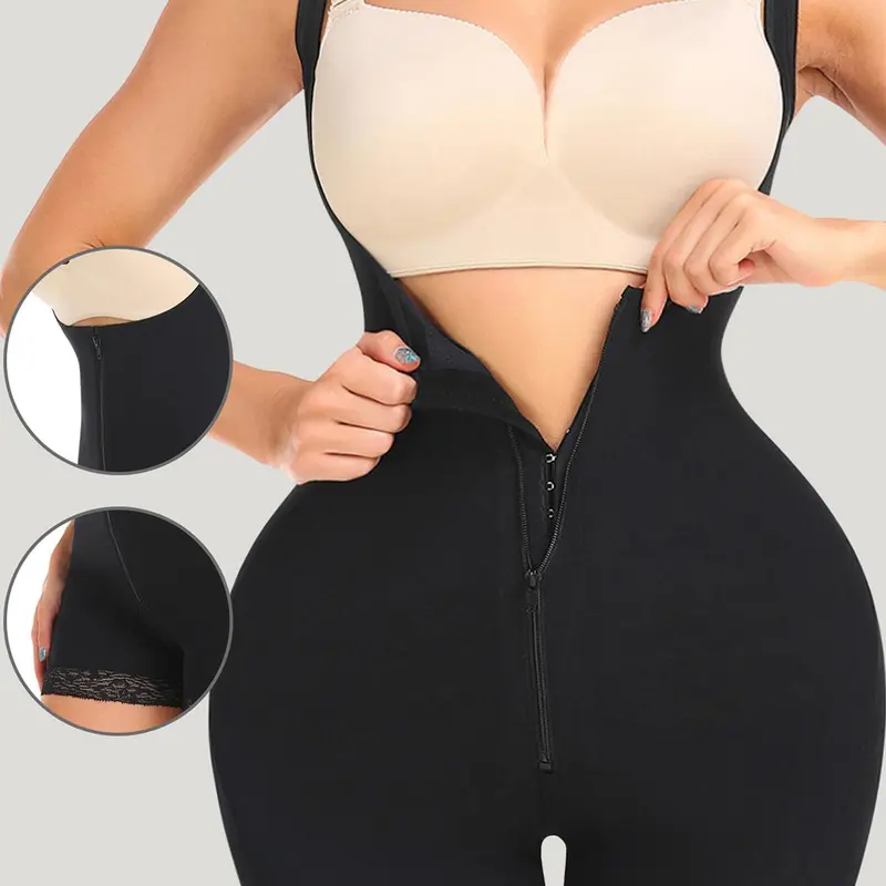 Women's Solid Contrast Lace Zipper Sleeveless Seamless Smooth Shapewear Clothing, Curvy Fit Tummy Control Faja Invisible Shapewear Romper, Sculpting Bodysuit, Thigh Slimmer Shorts, Womenswear, Shaper, Underwear, Casual