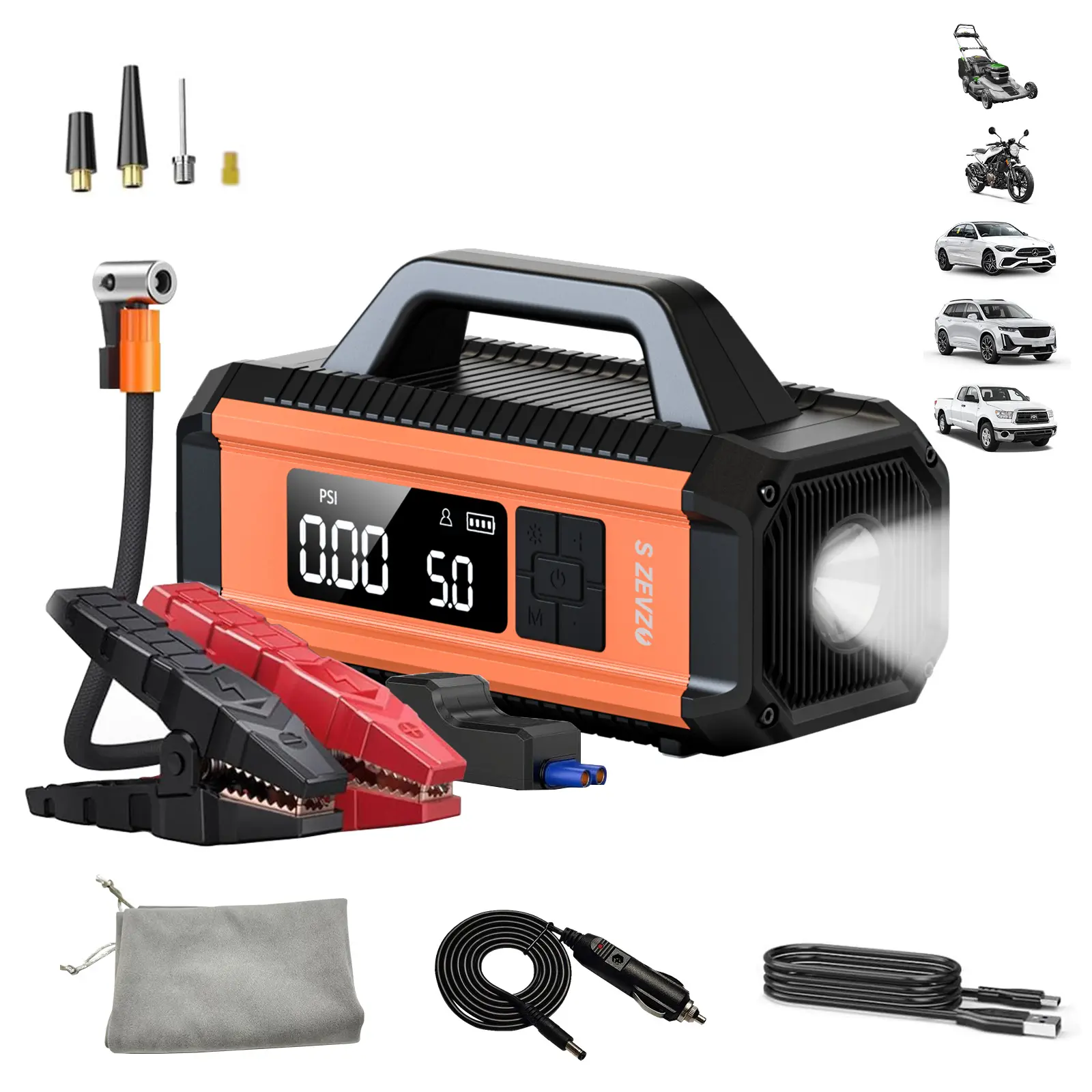 14000mAh Jump Starter for all 12V vehicles. Features a 150 PSI air compressor, 18W fast charging, tire pressure check, and LED light. Includes jumper cables, air hose, storage bag, and 4-in-1 charging cable.