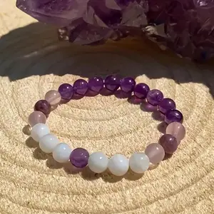 1PC Natural Amethyst Rose Quartz & White Opalite Healing Crystal Bracelet, Purple Pink White Boho Beaded Stretch Bracelet for Women Men, Calming Stress Relief Jewelry, Everyday Meditation Accessory, Ideal Birthday Valentine's Gift