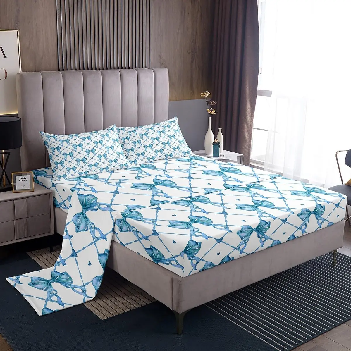 Feelyou Bow Decorative Sheet Set - Breathable Durable Kawaii Blue Bedding with Cute Bowknot, Deep Pocket Fitted Sheet for Girls & Teens, Breathable Durable Sheets