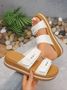 Women's Brooklyn Buckle Low Wedge Open Toe Multi Strap Sandals, Adjustable Comfortable Shoes for Summer & Spring, Perfect for Casual Wear