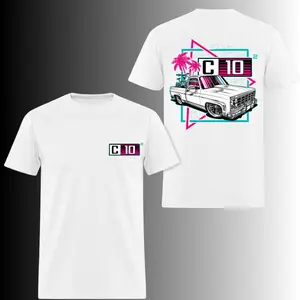 Retro 80s Neon Chevy C10 Truck T Shirt, 2 Sides, Slammed Squarebody Pickup Graphic Tee