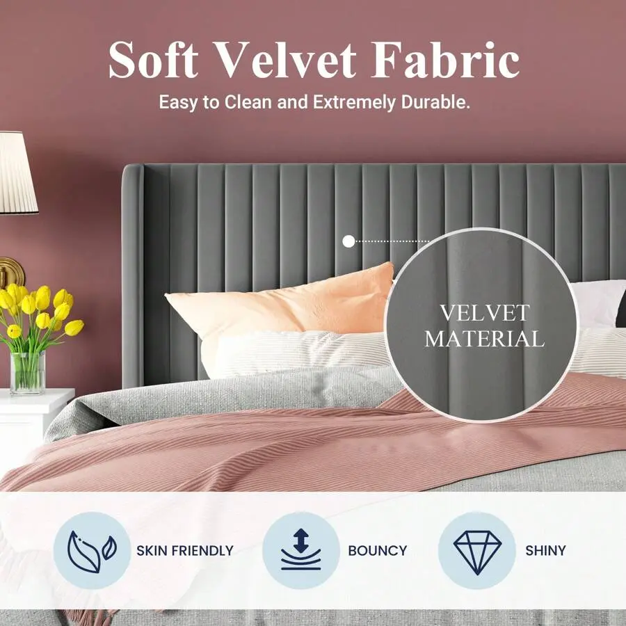 Allewie Full/Queen/King Size Velvet Bed Frame/Vertical Channel Tufted Wingback Headboard/Upholstered Platform Bed/Strong Wooden Slats/No Box Spring Needed/Easy Assembly/Blue/Black/White/Green/Teal/Pink/Grey * Bed Frame Queen Queen