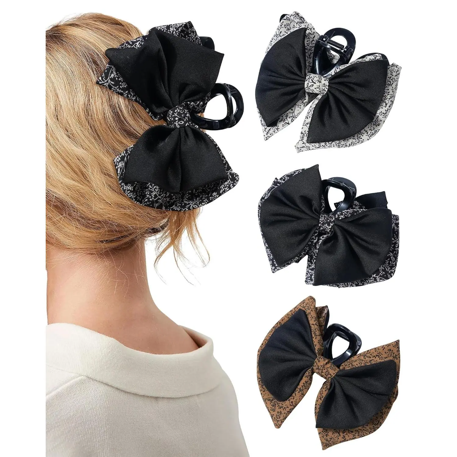 2 Pack Bow Claw Clips Chiffon Cloth Butterfly Hairclips, Nonslip 5.1" Large Paisley Hair clips for Thin and Thick | Plastic  Hold Hair Jaw Clamps (3pcs Small Floral)