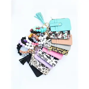 Women's Fashionable Wallet Keychain Wristlet Ultra-Thin RFID Credit Card Holder Wallet Tassel Keychain Bracelet Keyring for Unisex