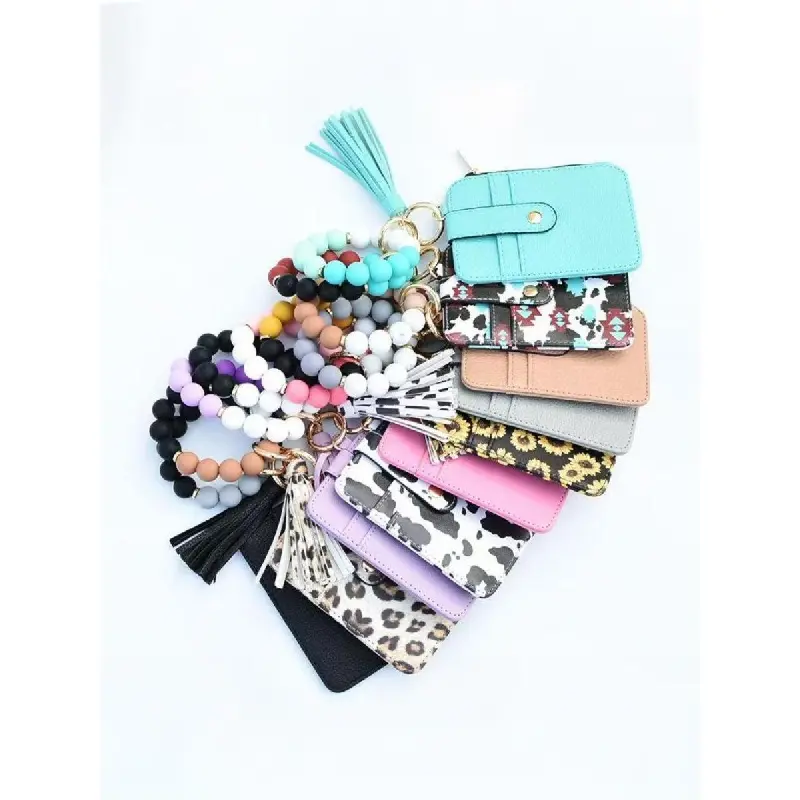 Women's PU Leather Bangle Keychain - Fashionable Casual Wristlet with Tassel Accent, Stripe Design, Slim RFID Blocking Card Holder Wallet, Card Carrying Holder, One-Size