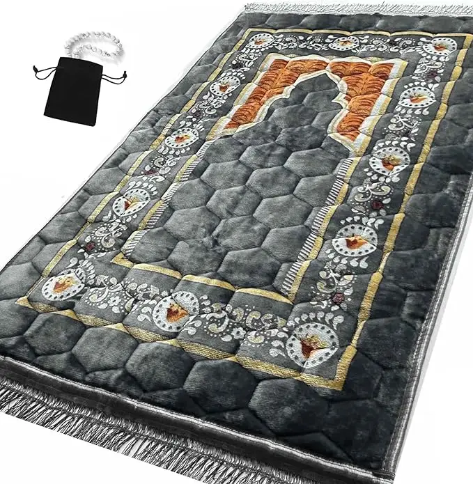 Prayer Rug Muslim Mat Islamic - Padded Very Thick Prayer Rug Sajadah for Men Women with Islam Prayer Beads for Eid Travel Ramadan, Soft and Luxury (Ro