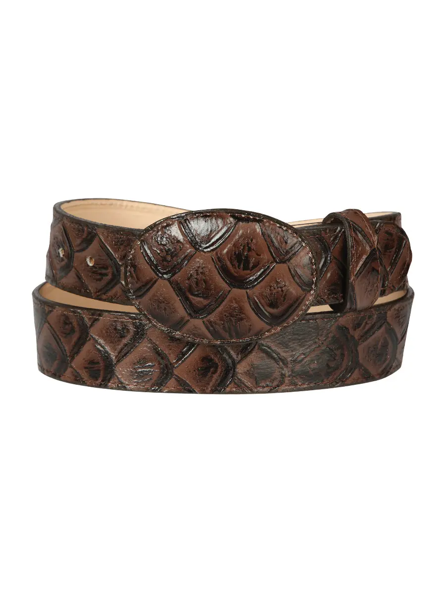 Men's Cowboy Belt - Brown Handmade Waist Belt from Mexico with Imitation Pirarucu Pattern, Oval Western Buckle, Cowboy Belts