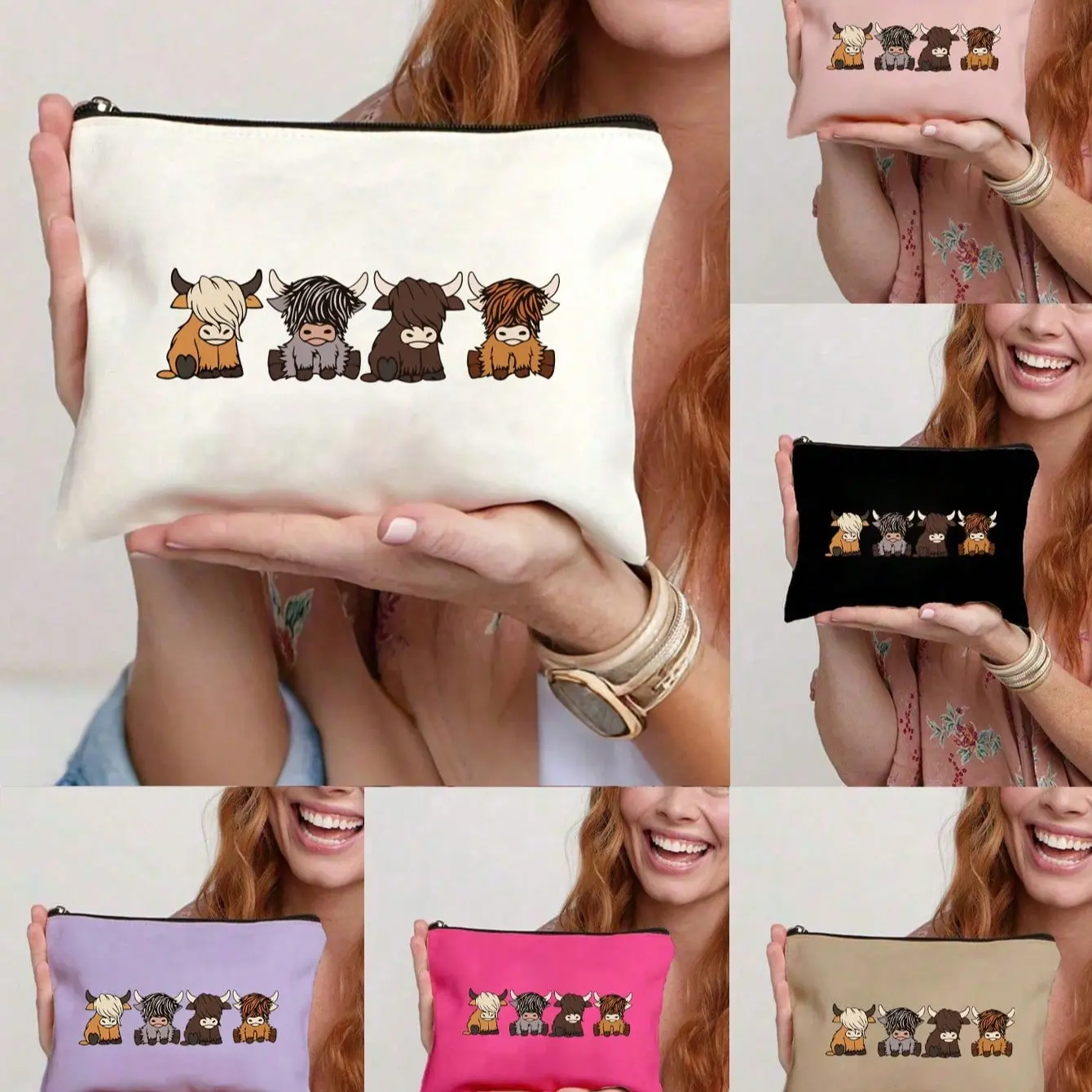 Cute Cartoon Cow Print Makeup Bag, Fashion Large Capacity Travel Cosmetic Bag, Pure Color Zipper Pouch, Canvas Beauty Bag, Handheld Cosmetic Pouch