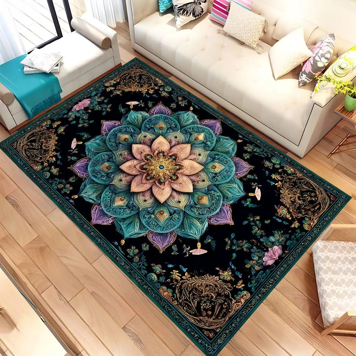 Mandala Area Rug, Boho Mystic Floor Rug, Colorful Floral Mandala Carpet, Spiritual Home Decor, Mandala Rug, Colorful Mandala Rug, Area Rug 51