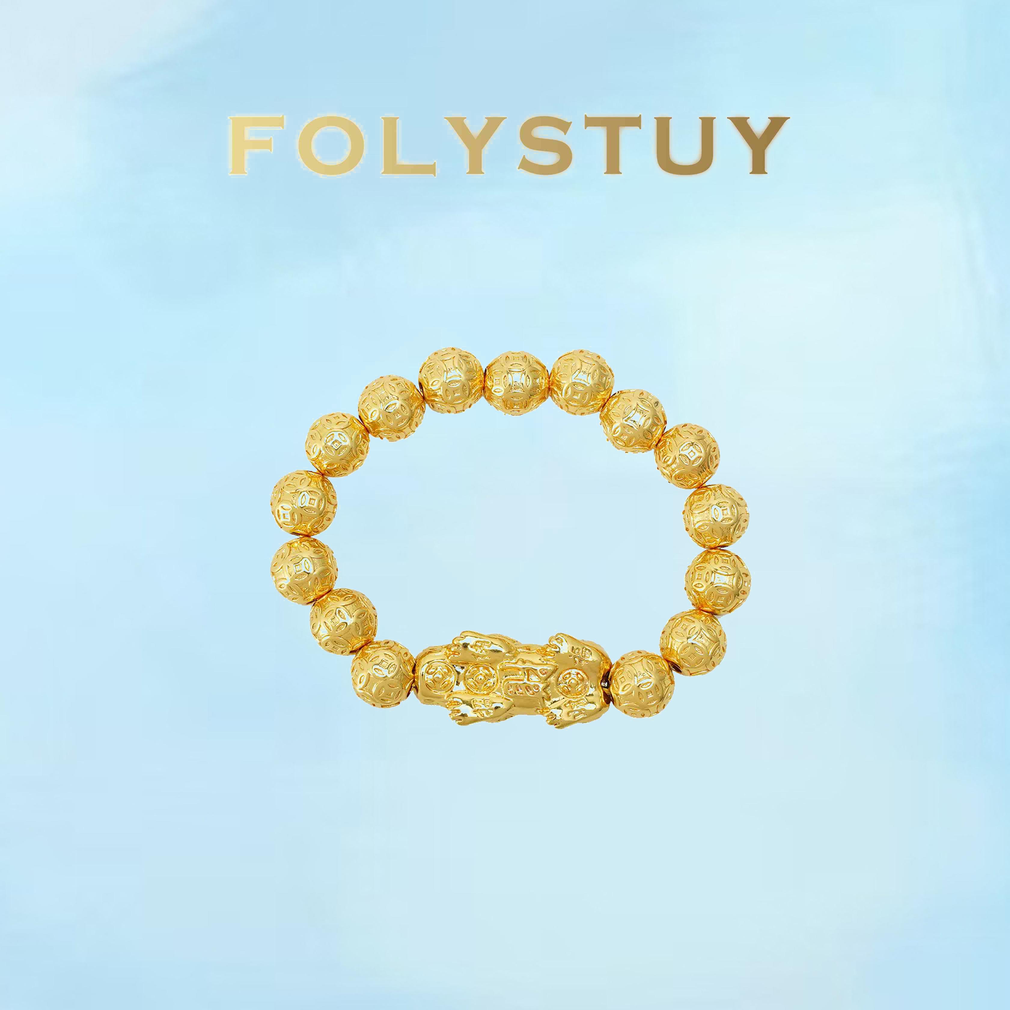 [FOLYSTUY (W178)]Mens Pixiu Carved Bead Bracelet, 0.41" Round Bead with Intricate Engraving, Mythical Creature Design Bangle, Sturdy Statement Wrist Jewelry for Men, Perfect for Everyday Style