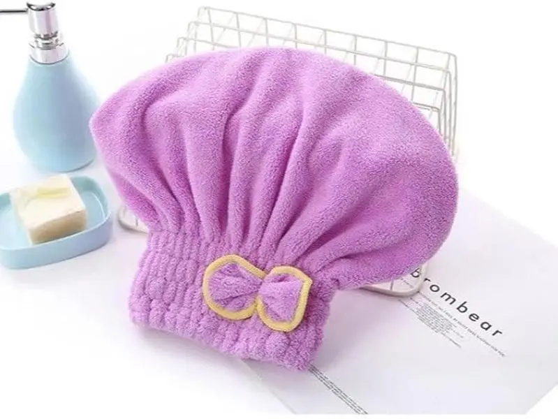 Unisex Adult 2-Piece Basic Fashion Shower Caps, Thick Long Coral Fleece, Cute Bow Design, Quick-Drying Microfiber, Super Absorbent, Elastic Comfortable Texture (Red+Purple)