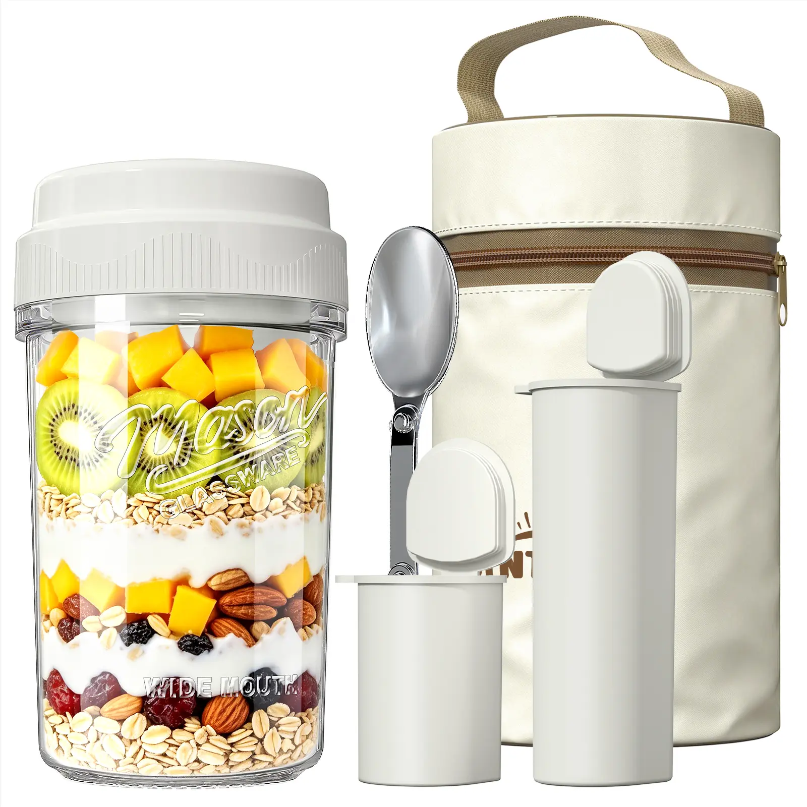 Syntic Portable Overnight Oats Jar with Ice Pod & Insulated Bag |21 Oz Container Keeps Breakfast Cold Up to 5 Hours | Meal Prep for Work, School & Gym