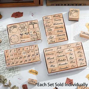1 pcs Wooden stamp set box, monthly digital journaling stamps, date stamps, schedule stamps, time stamps
