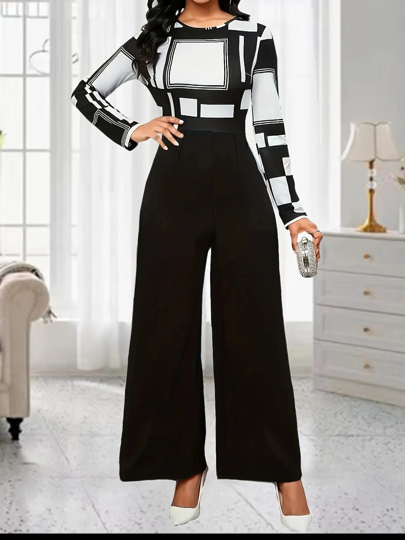Women's Patchwork Geometric Print Fitted Jumpsuit, Elegant Fashion Casual Crew Neck Long Sleeve Jumpsuit for Daily Outdoor Wear, Women Jumpsuits for Spring Fall, Womenswear Elegance, Crewneck