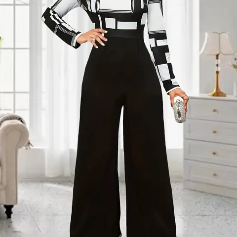 Women's Patchwork Geometric Print Jumpsuit, Elegant Casual Crew Neck Long Sleeve Design with Wide Leg Pants for Daily and Outdoor Wear, Spring and Fall