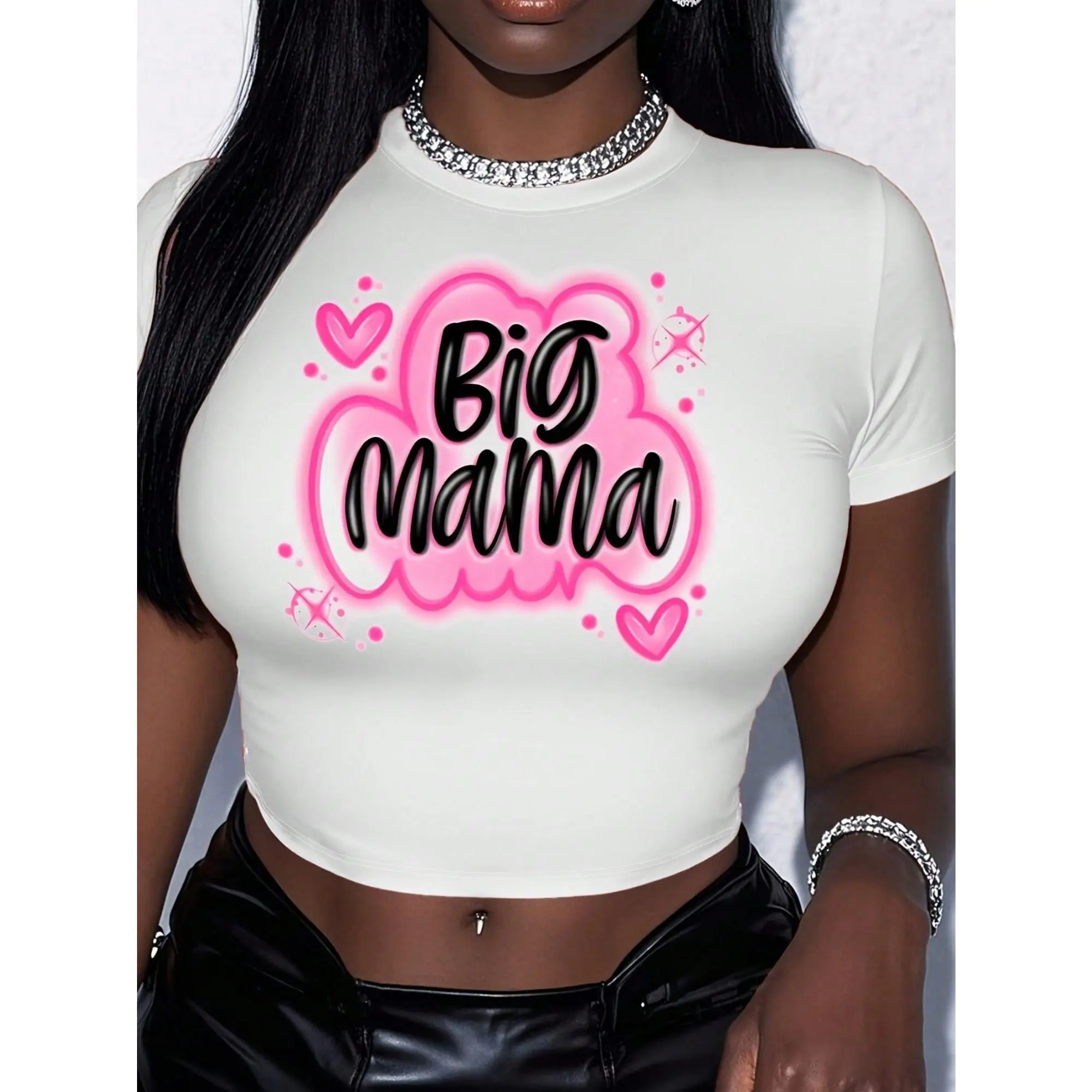 Y2K Style Women's Summer Top - Cropped T-Shirt. Short White Crop Top With "Big Mama" And Pink Heart Pattern. Daily Casual Wear, Campus Apparel, Women's Vacation Outfits