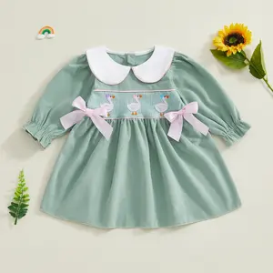 Kids Toddler Baby Girl Spring Dress Silly Goose Embroidered Bows Doll Collar Bubble Long Sleeve A Line Dress 6M-4Y