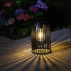 Glitzhome 9.75"H Metal Woven Black Solar Powered Outdoor Hanging Lantern with Edison Bulb