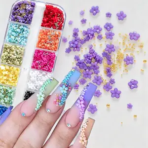 12-Grid Mixed Flower Nail Charms Kit, 12-Color Gold, Silver Steel Balls & Rhinestones, DIY Nail Art Decorations, Professional Beauty Supplies for Women