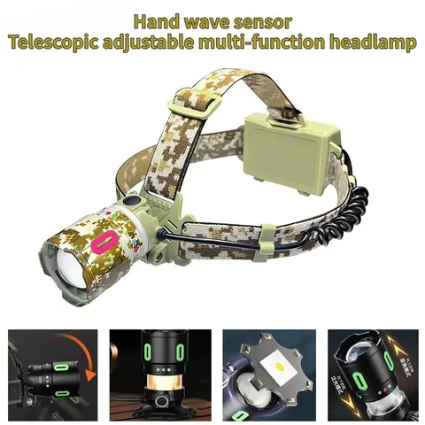 White laser high brightness strong light long-range charging induction headlight, outdoor head mounted night riding fishing miner's lamp, extendable zoom multifunctional headlight