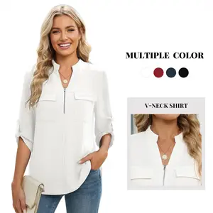 Women's Comfortable 3/4 Sleeve Basic Blouse - Ladies' Adjustable Zip-Front V-Neck, Breathable Loose-Fit Business Casual Work Shirt, 2026 Minimalist Tunic for Summervibes Outdoor Fun (Women's Clothes, Soft Fabric)
