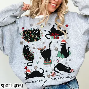 Christmas Cat Sweatshirt, Catmas Meow Christmas Tree Light Its Fine Holiday Sweater, Funny Kitty Black Cat Xmas Crewneck Festive Kitten Gift