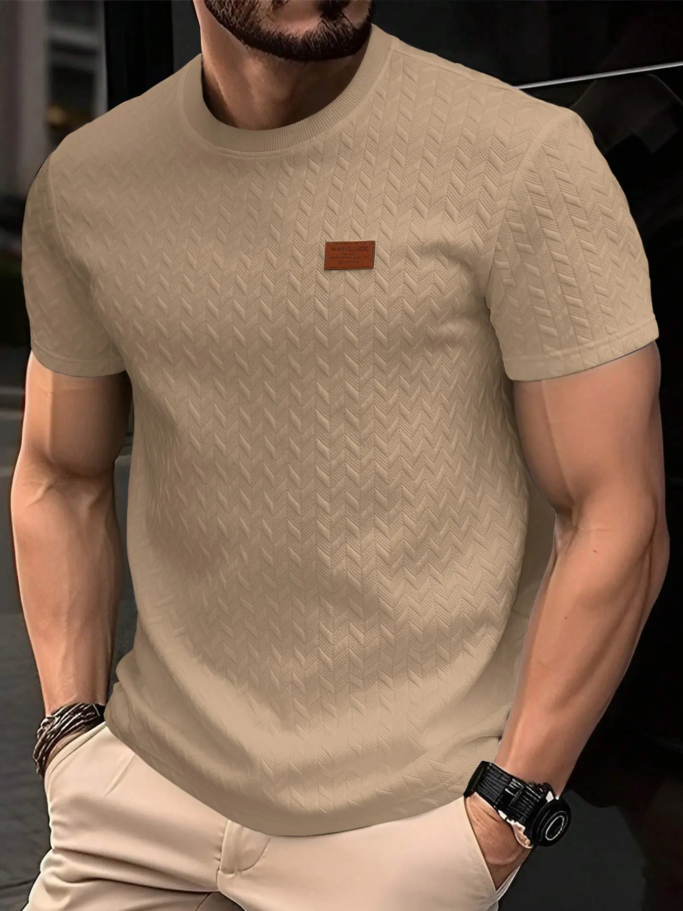 Men's Casual Textured Fabric Short Sleeve Fitted T-Shirt, Ribbed Round Neck Top, Summer Solid Color Plain Fashion Streetwear Men's Clothing, Menswear