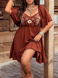 Fashionable Plus Size Embroidered Boho Patchwork Woven Fitted Dress, Casual Home Wear Loungewear, Stylish for Women, Comfortablepajamas Nightwear and Elegant