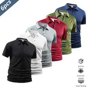 Pack of 6 men’s casual short-sleeve polo shirts—quick-dry golf and tennis tops, comfortable riding apparel, stylish men’s sportswear—ideal for casual gatherings, holidays, and travel, featuring contrast color at the neckline and cuffs.