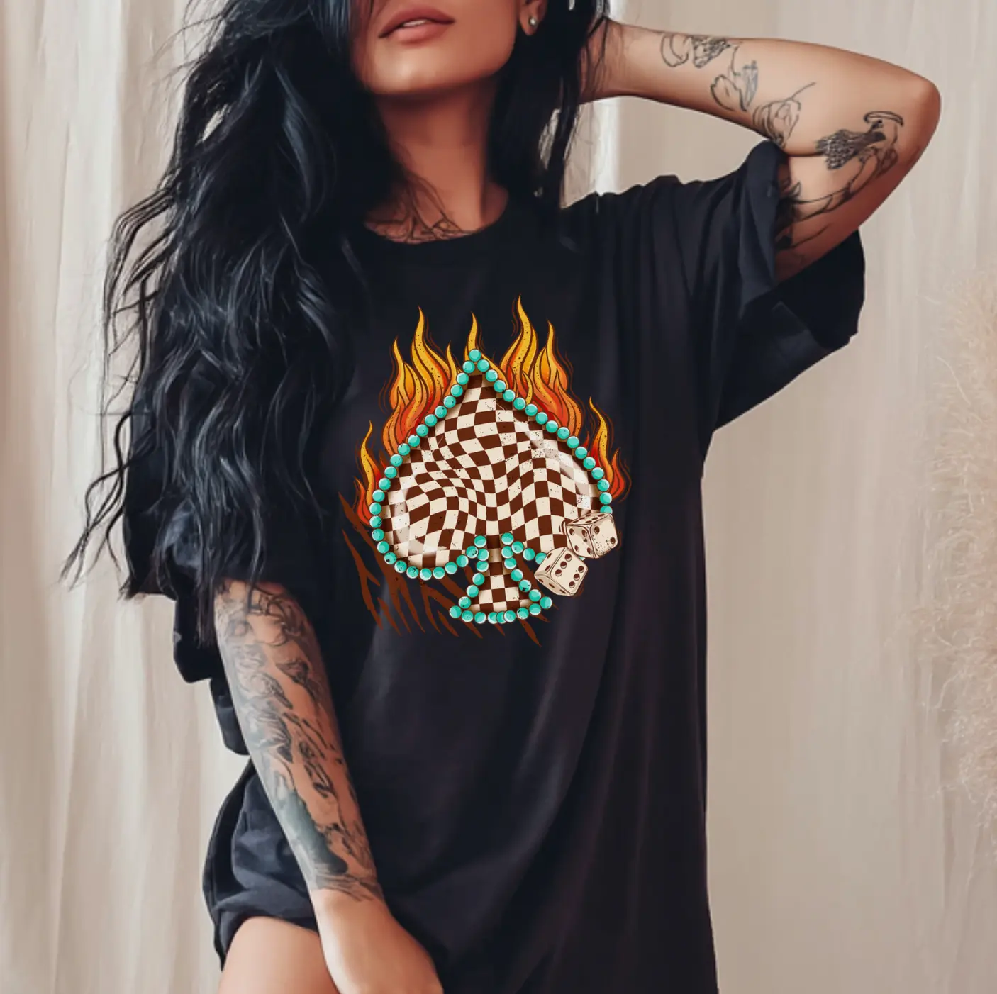 Vintage High Stakes Checkered Ace Shirt, Western Flame Dice Ace Card Symbol Graphic Tshirt, Cowgirl Clothing Stuff Gift For Her Top Womenswear