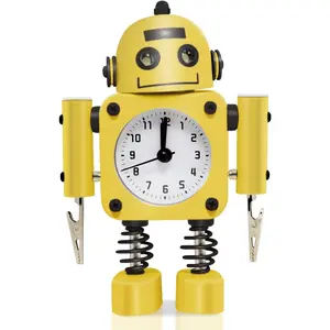 Non-Ticking Robot  Clock Stainless Metal - Wake-up Clock with Flashing Eye Lights and Hand Clip (Yellow)