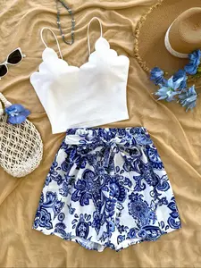 Two-piece Set Women's Floral Print Tie Waist Shorts Set, Casual Crop Tank Top & Panty for Summer, Ladies Clothing for Beach Holiday Vacation, Outfit
