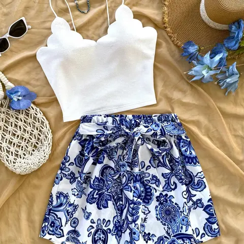 Two-piece Set Women's Floral Print Tie Waist Shorts Set, Clothes Set, Casual Crop Tank Top & Panty for Summer, Ladies Clothing for Beach Holiday Vacation, Outfit Gift Sets