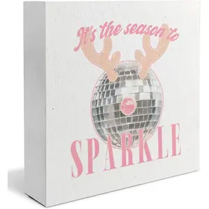 Christmas Wooden Box Sign, Trendy Disco Ball Reindeer Christmas Wood Signs for Home Office Desk Table Tabletop Shelf Decorations,Retro Christmas Decor,It's The Season To Sparkle Sign 5x5 Inch