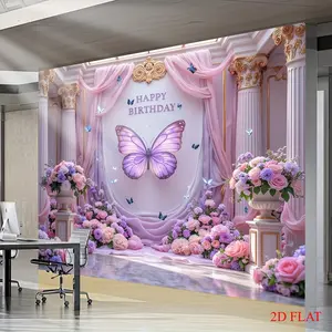 1pc Photography Backdrop Purple Butterfly Floral Design High Definition Print Wrinkle Resistant Polyester Fabric for Birthday Party Baby Shower Wedding Photo Booth Cake Table Decor