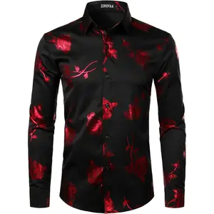 ZEROYAA Mens Hipster 3D Golden Rose Floral Printed Slim Fit Long Sleeve Button Down Dress Shirts