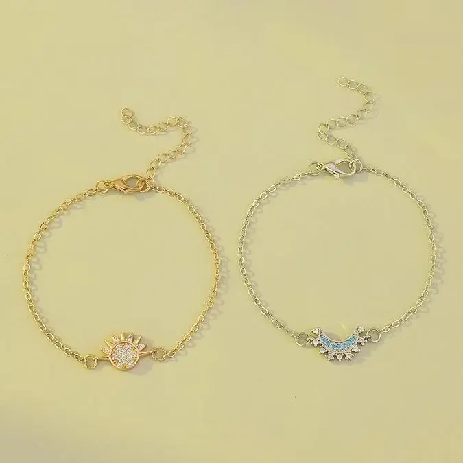 Matching Friendship Bracelets for 2, Stackable Dainty Gold Sun & Silver Blue Moon Chain, Magnetic Sun and Moon Bracelet Set for Couples, Meaningful Long Distance Relationship Jewelry, Cute Promise Best Friend Sister Birthday Christmas Gift for Her