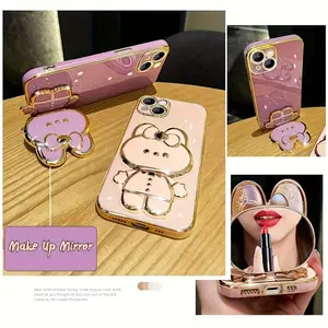 New Rabbit Phone Stand with Makeup Mirror, Adhesive Holder for iPhone Samsung & Various Phones, Hollow Out Lazy Man Stand