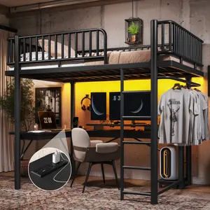 Full Loft Bed with L-Shaped Desk,LED Light Strip and Charge Station, Metal Loft Bed with Computer Mainframe Tray and Hanging Area, Special Round Pipe Design, Black